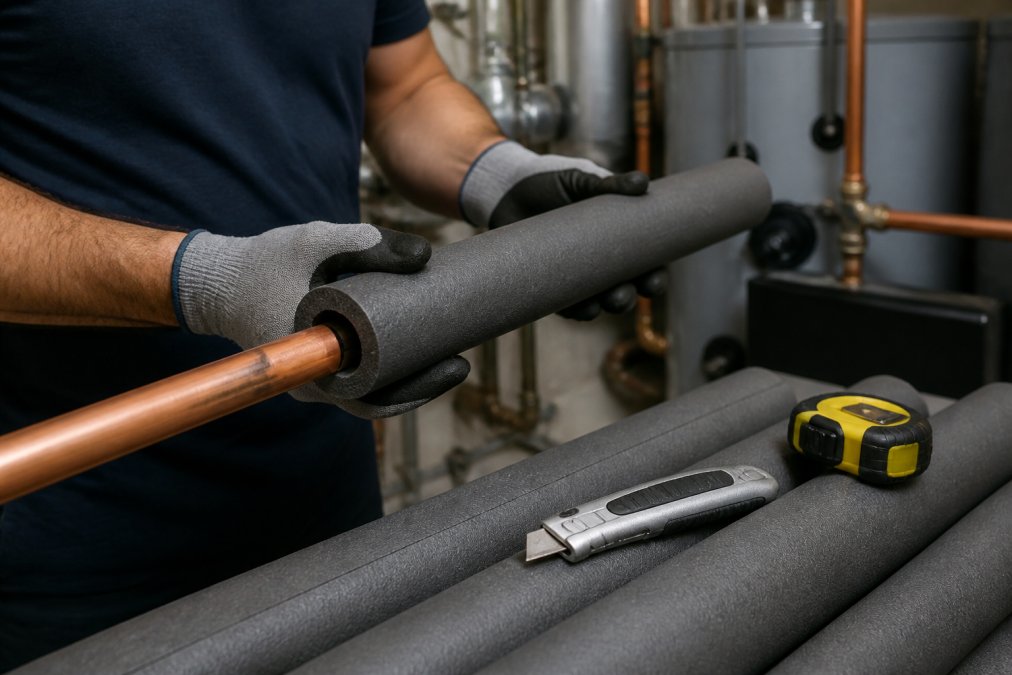 Contractor installing foam pipe insulation on a copper pipe in a mechanical room with tools nearby