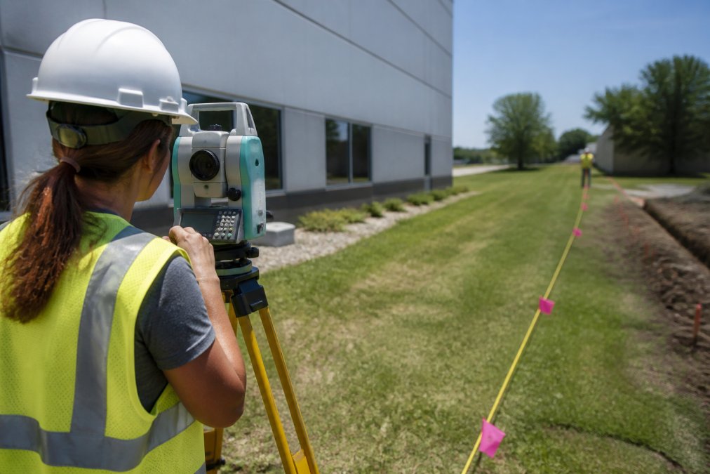Professional surveyor marking property lines with precision equipment on commercial property, measuring from existing structures and markers in daylight