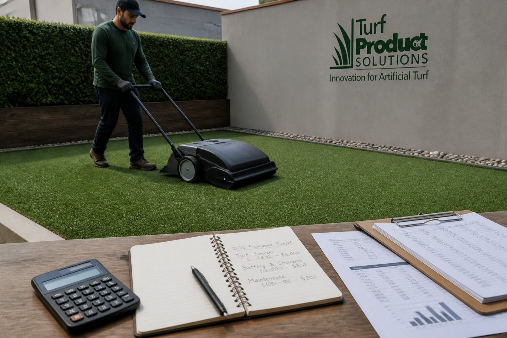 A landscaping professional in work clothes operating a battery-powered turf sweeper on a small artificial grass lawn, with a clipboard showing pricing notes nearby