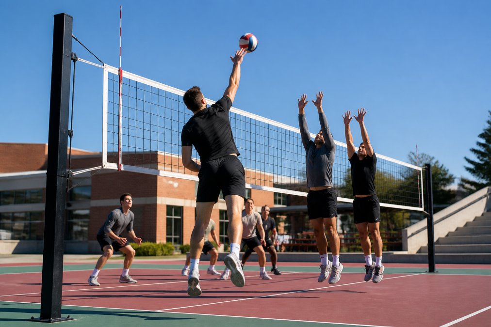 Outdoor volleyball court at a school or recreation center with heavy-duty semi-permanent net system installed, showing thick steel posts and professional net during an active game with clear sky