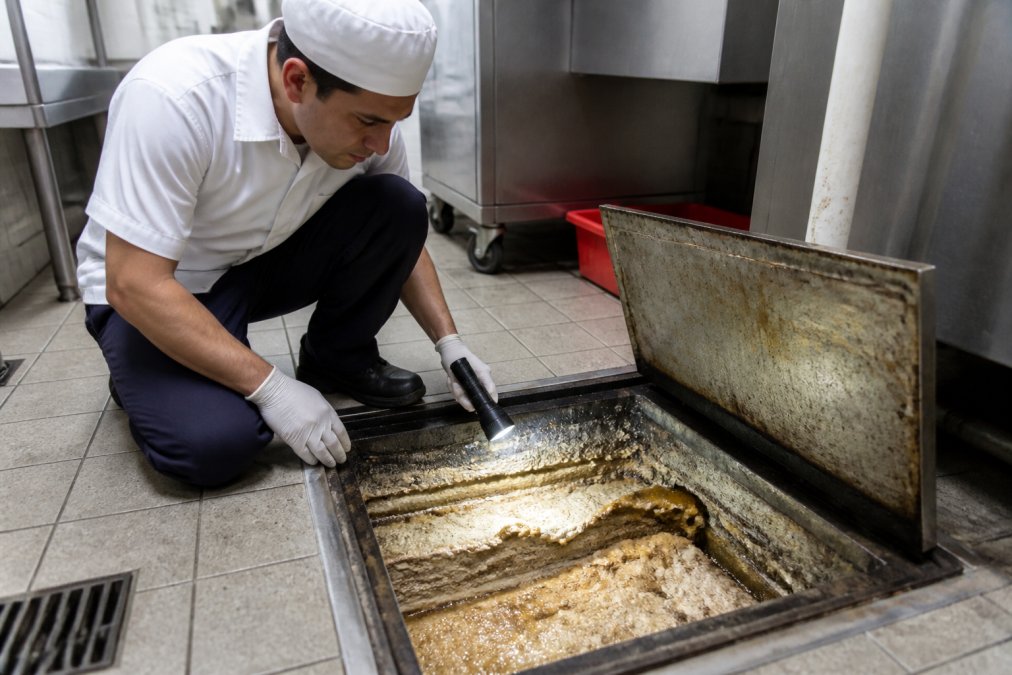 A commercial kitchen worker in a white uniform and gloves looking into an open, full grease trap with a flashlight, showing the thick sludge and scum layer inside