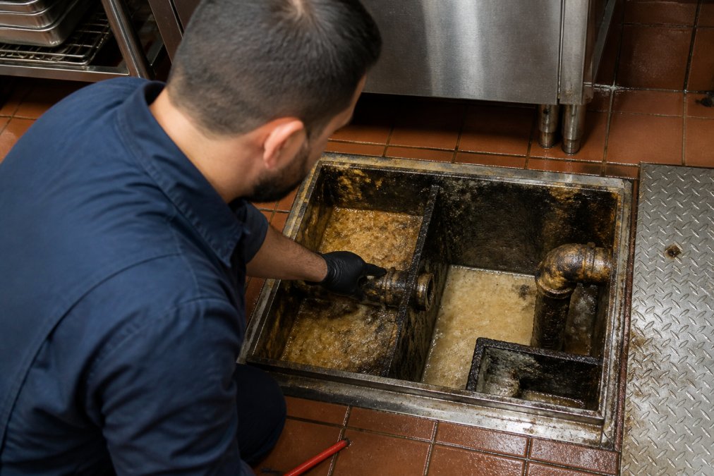Professional plumber inspecting interior of commercial grease trap showing accumulated grease layer, baffle walls, and inlet/outlet pipe configuration in restaurant kitchen