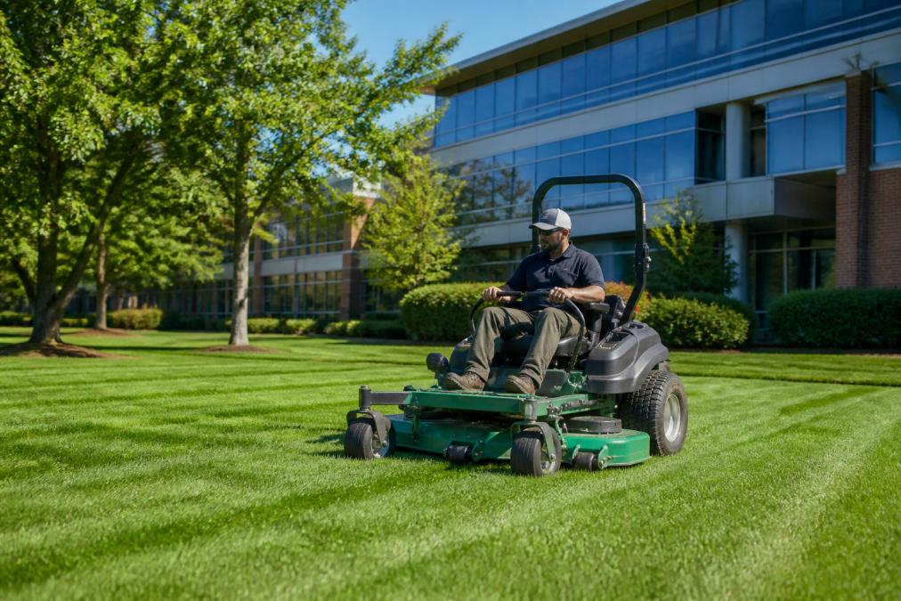 Professional groundskeeper operating commercial zero-turn mower on well-maintained commercial property lawn with office building visible in background, morning sunlight across manicured grass