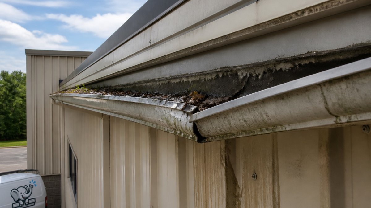 Close-up of sagging metal gutters with visible debris accumulation, water stains, and separation from fascia on commercial building exterior under daylight