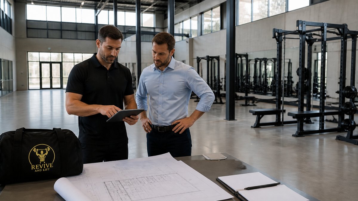 Facility manager and supplier reviewing floor plans on a tablet in an empty commercial gym space