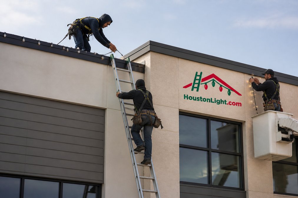 Professional installers on roofline and building facade securing commercial-grade LED lighting fixtures and roofline lighting on a multi-story commercial building during daytime setup, with safety equipment and ladder visible