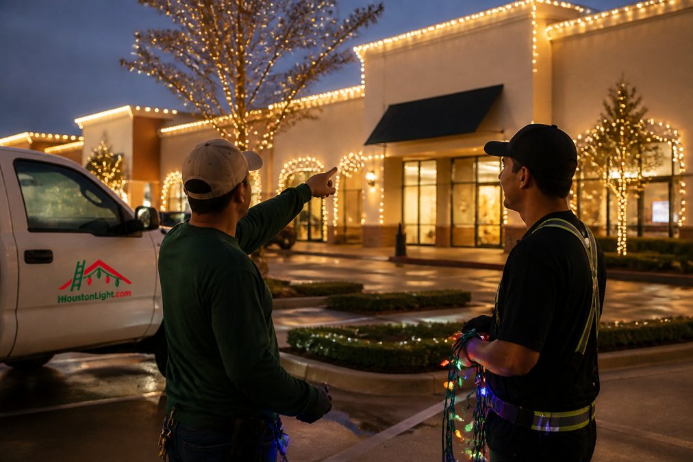 Nighttime view of an illuminated commercial plaza or retail storefront with professional holiday lighting creating festive curb appeal and business exterior ambiance, with warm white and multicolored lights highlighting architectural features
