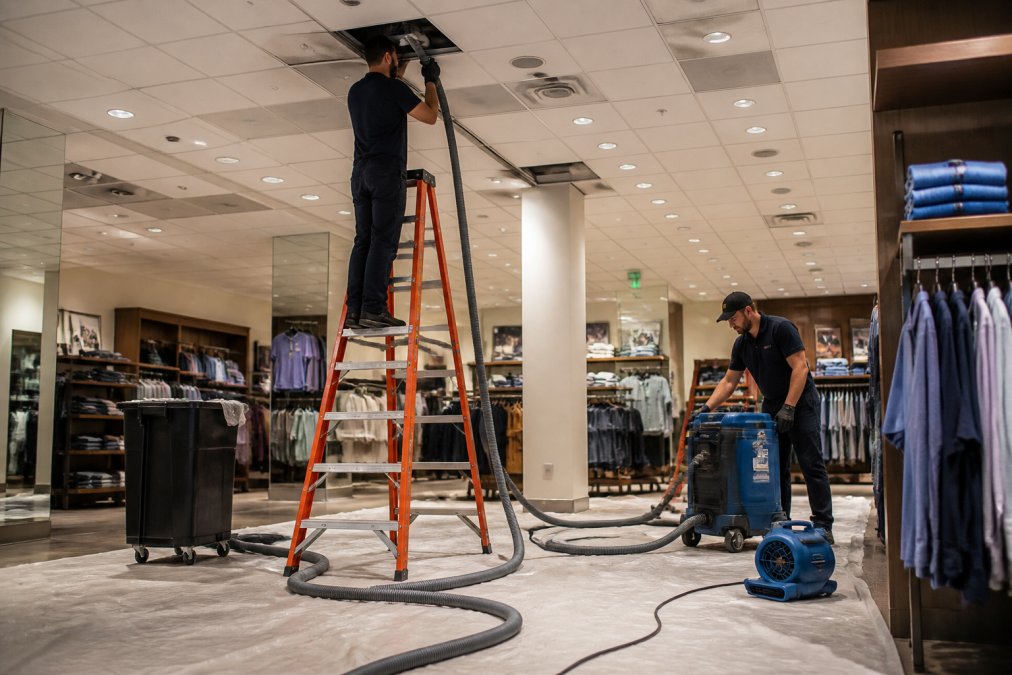 Technicians performing commercial HVAC cleaning on retail store ducts after hours with protective floor covers.