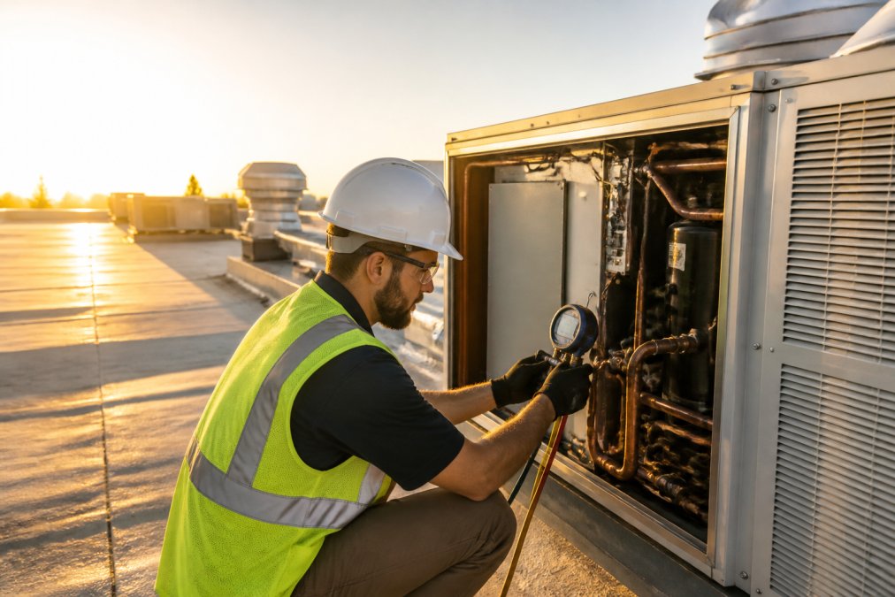 HVAC technician in safety vest checking refrigerant levels on commercial rooftop unit with digital gauge, morning sunlight casting long shadows across the mechanical equipment
