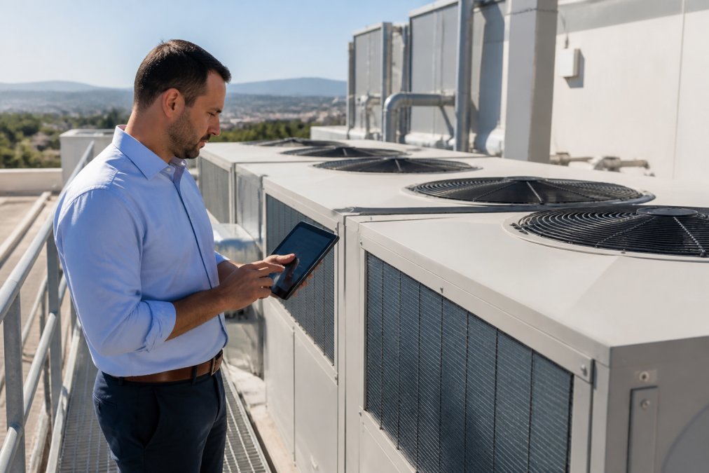 Facility manager in business casual attire reviewing digital dashboard on tablet displaying real-time HVAC system performance metrics while standing in front of commercial rooftop equipment in afternoon sunlight