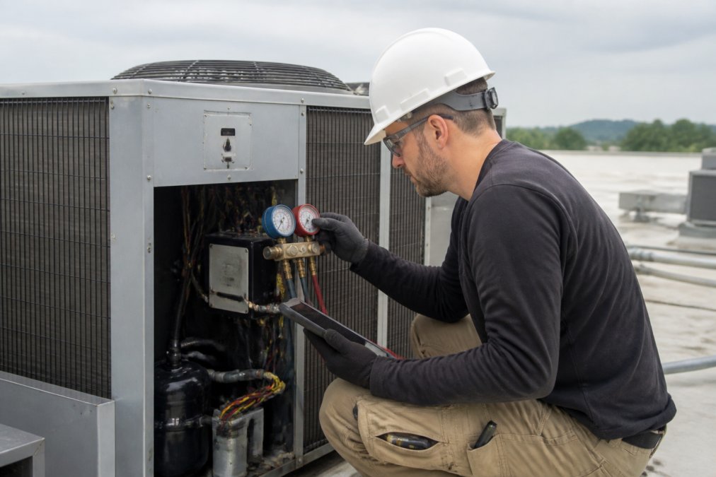 Professional HVAC technician in uniform performing detailed inspection on commercial rooftop cooling unit, using digital diagnostic equipment to check refrigerant levels and measure airflow while documenting findings on tablet