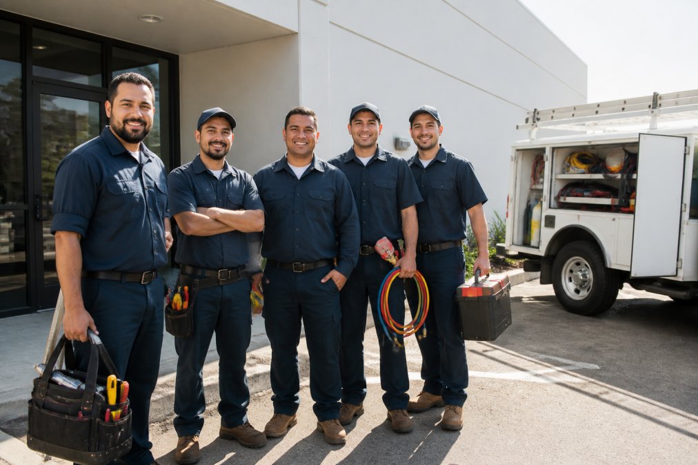 Team of professional HVAC technicians in matching uniforms standing in front of commercial building entrance with service truck visible in background, displaying tools and equipment with confident, knowledgeable demeanor