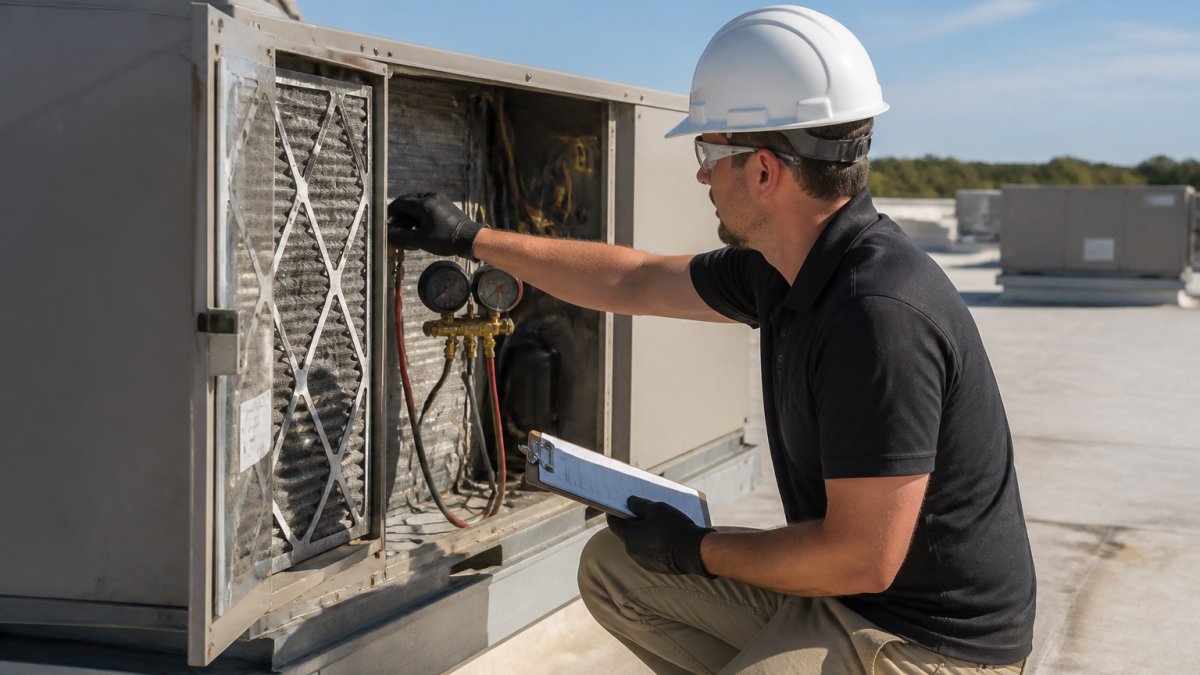 Professional HVAC technician performing routine maintenance on a commercial rooftop unit, checking filters and coils with diagnostic tools and clipboard in hand during daylight