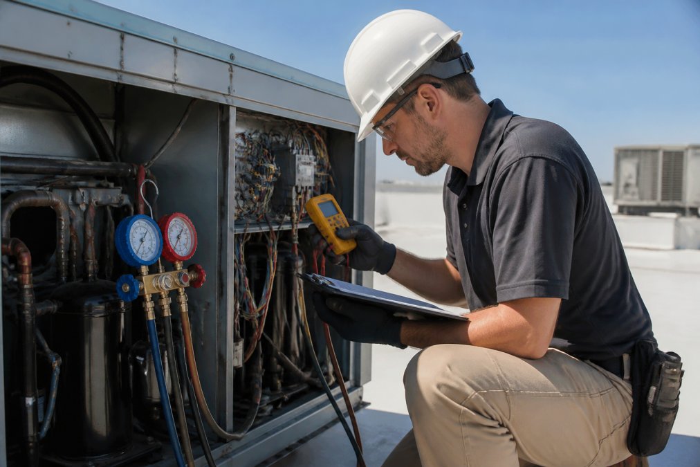 Professional HVAC technician in uniform inspecting a commercial rooftop unit with a multimeter and clipboard, checking refrigerant levels and electrical connections in bright daylight