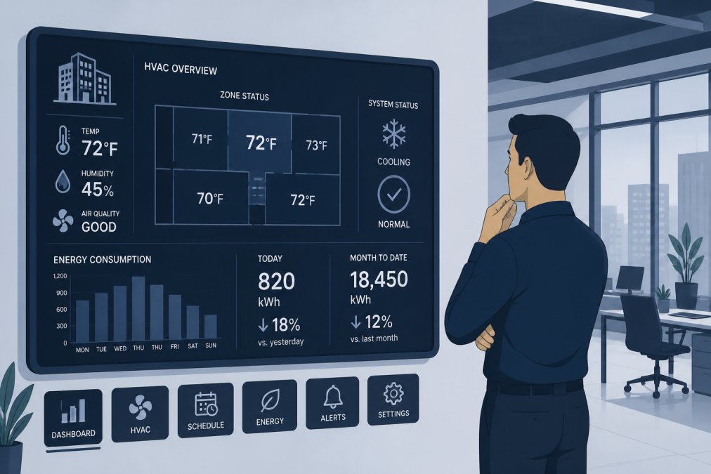 Modern office building interior showing a wall-mounted digital building automation display screen with HVAC controls and energy consumption metrics, with a business professional in casual office attire standing nearby reviewing the data