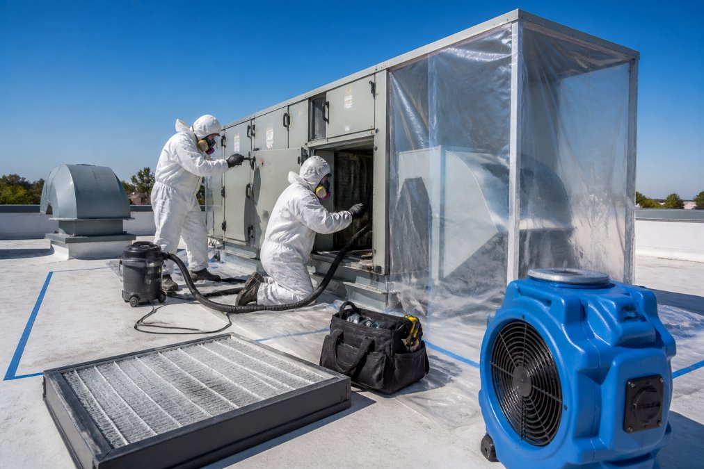 IICRC technicians in protective gear performing commercial HVAC mold removal on a rooftop air handling unit