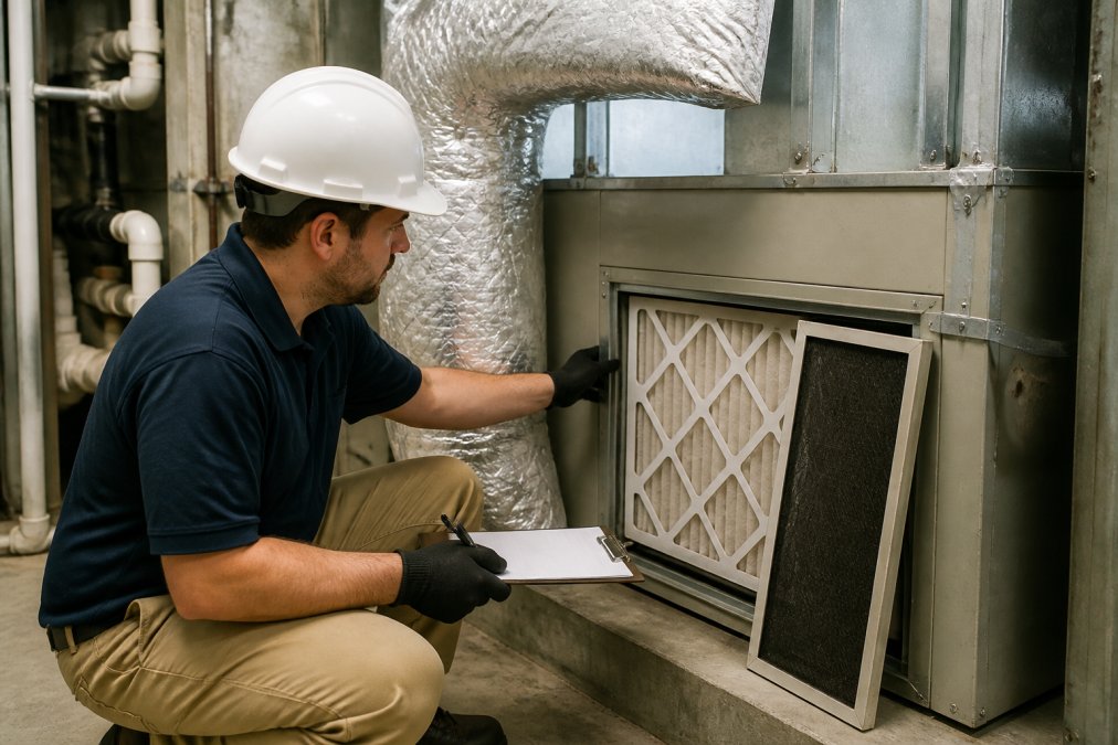 Maintenance worker checking air handler filters and ductwork in a commercial building's mechanical room, using diagnostic tools and clipboard