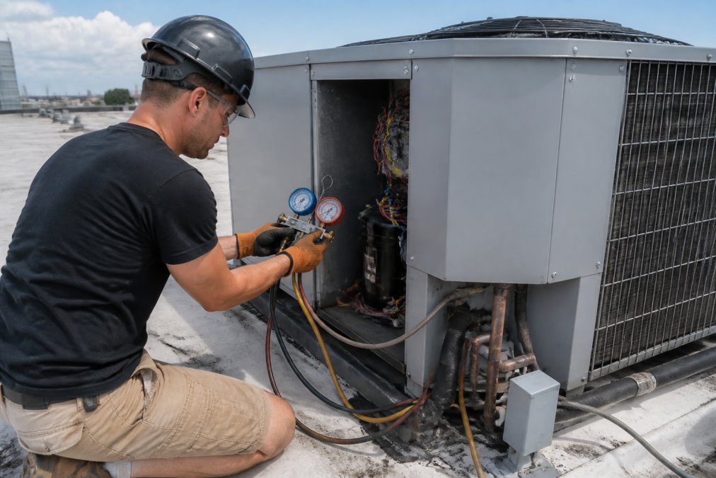 HVAC technician inspecting a commercial rooftop unit with diagnostic tools, examining the condenser coil and refrigerant lines while checking pressure gauges