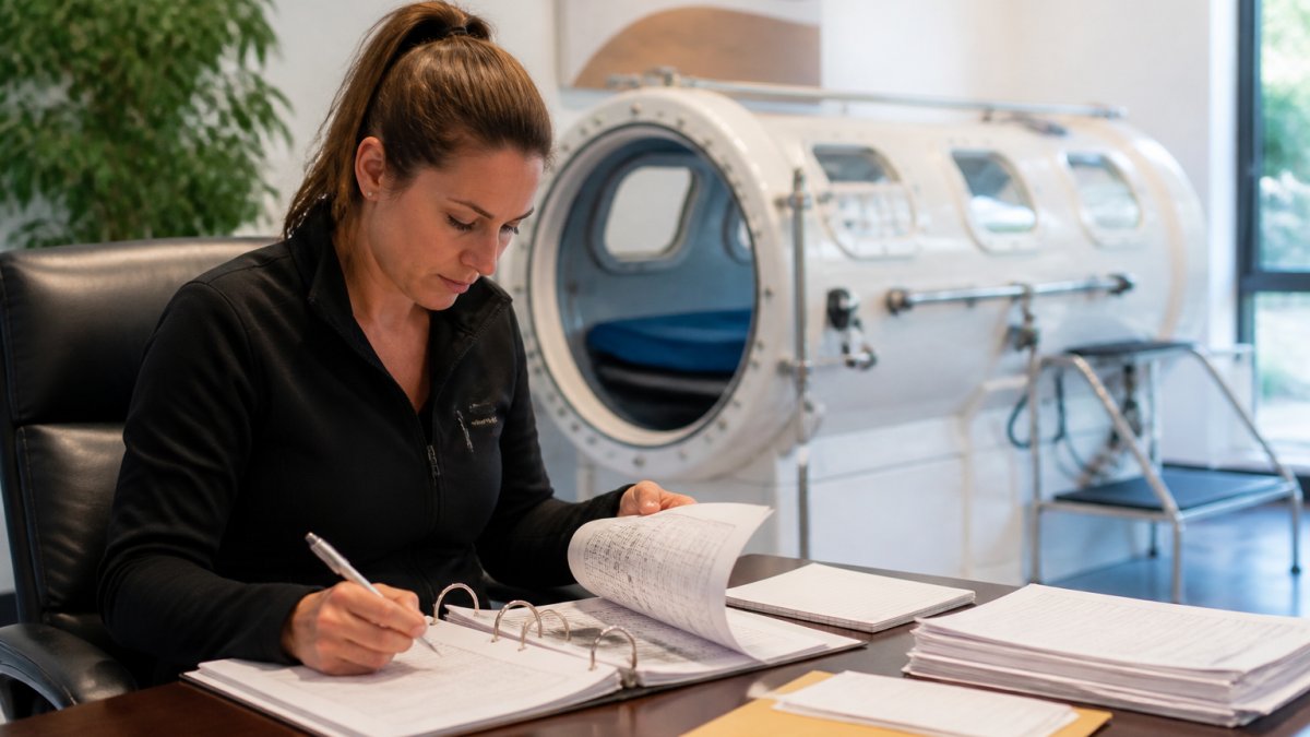 Wellness facility manager reviewing maintenance schedules and budget spreadsheets at a desk with a hyperbaric chamber visible in the background