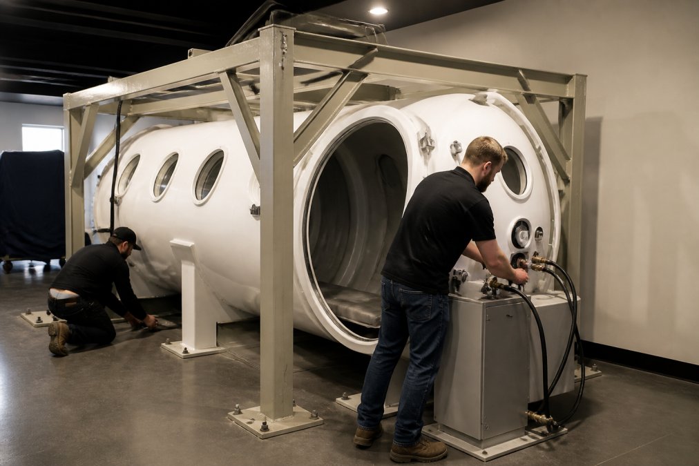 Professional installation crew setting up a commercial hyperbaric chamber in a wellness facility, showing equipment positioning, reinforced support structure, and facility preparation with safety signage