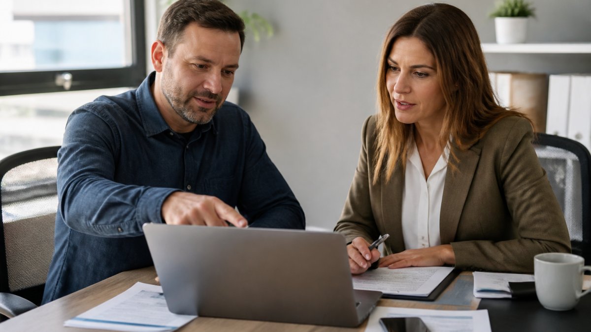 A small business owner sitting at a desk with an insurance agent, both reviewing paperwork and pointing at a laptop screen in a bright office