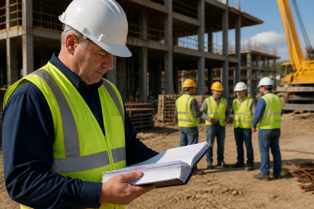 Construction site supervisor in hard hat reviewing safety documentation and insurance paperwork with workers wearing safety vests in the background