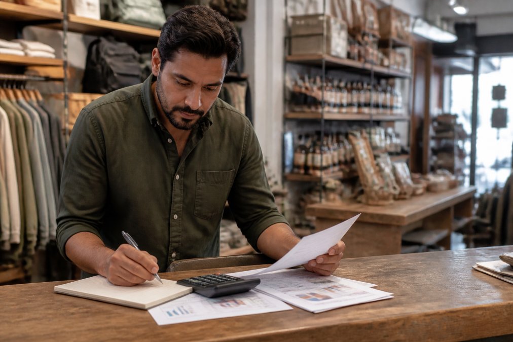 Retail owner reviewing commercial insurance for storefront businesses at a wooden counter with inventory
