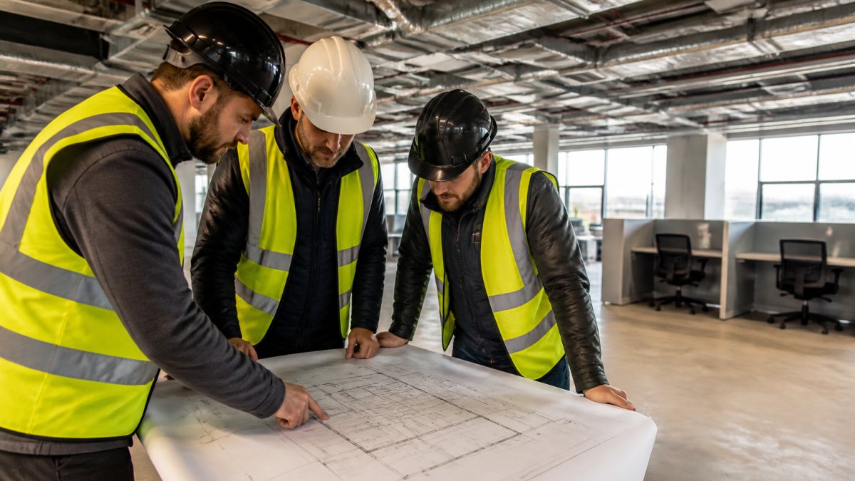 Construction team reviewing architectural plans during a commercial interior design build in an office space.