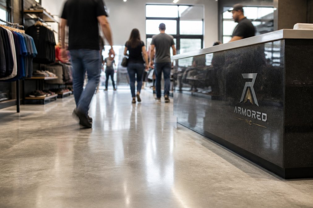 Busy commercial retail space with visible foot traffic on protected flooring and polished countertops, showing durability of coated surfaces under daily use with customers walking and shopping