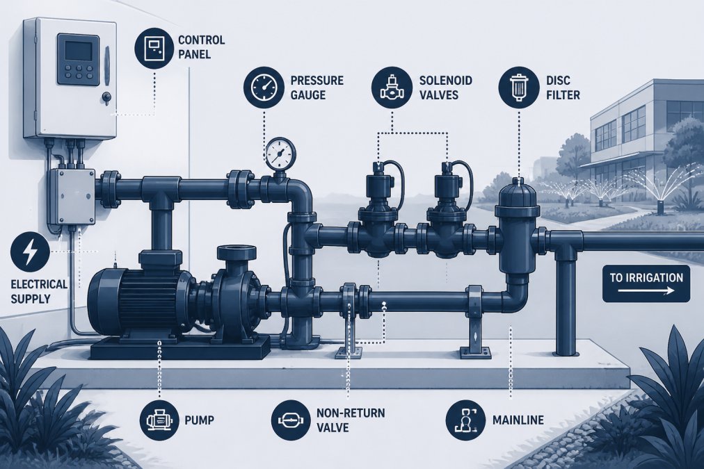 Close-up of a pump station installation with pipes, solenoid valves, and control equipment at a commercial landscape site, showing professional piping configuration in natural daylight