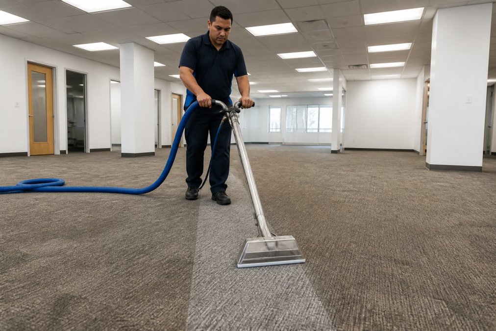 A uniformed technician operating a professional carpet extraction machine on a large commercial office carpet, with a clean extracted section visibly contrasted against the soiled area under bright overhead office lighting