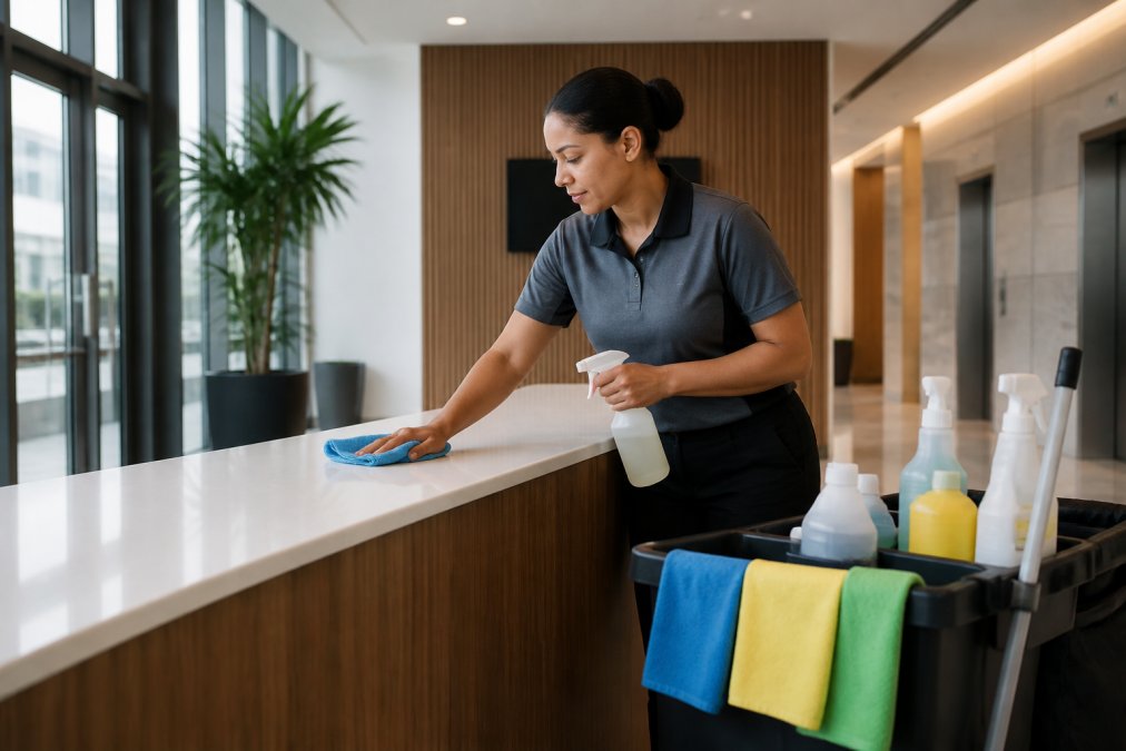A janitorial professional in a branded uniform sanitizing a high-touch reception desk surface in a bright, modern office lobby, with a professional cleaning caddy and microfiber cloths visible in the foreground under warm overhead lighting