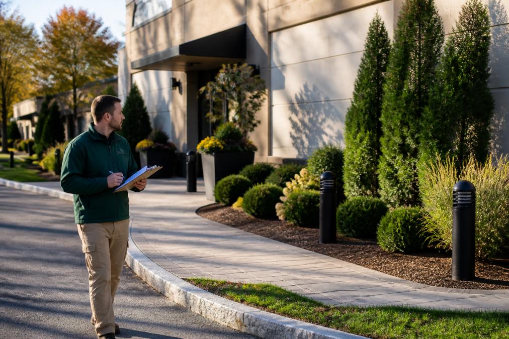 A landscaper in professional work clothes walking a commercial property entrance with a clipboard, inspecting walkways, planters, and signage under bright morning light