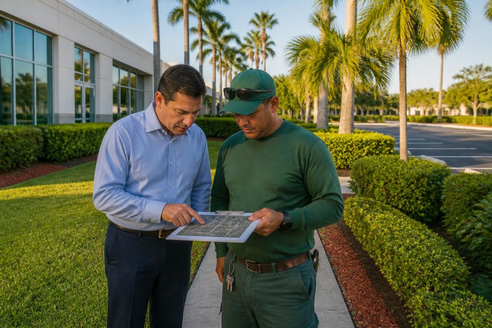 A commercial property manager and a landscaping crew leader reviewing a clipboard with property boundaries and turf areas in a North Miami business park, palm trees and manicured hedges in the background, late afternoon sunlight