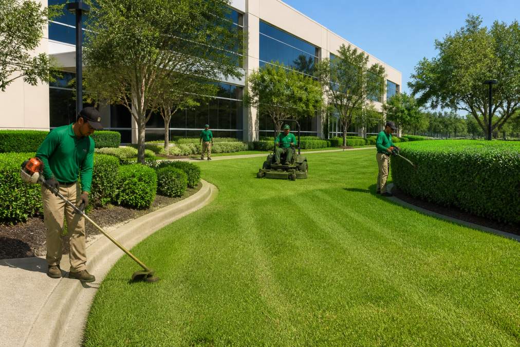 Landscape maintenance crew performing mowing and edging on a large commercial property, with team members operating equipment across manicured lawn in bright daylight, showing multiple workers coordinating on the grounds