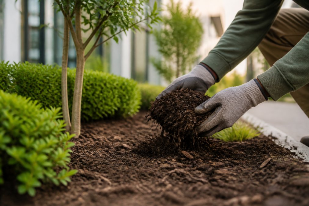 Close-up of hands applying organic compost and mulch materials to commercial landscape planting beds, with rich dark soil visible and natural sunlight illuminating the sustainable fertilizer application