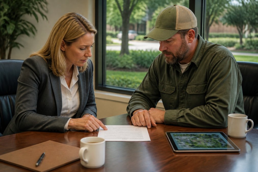 A property manager and a landscaping contractor sitting at a conference table reviewing a printed contract, with a tablet showing a site map and coffee cups nearby