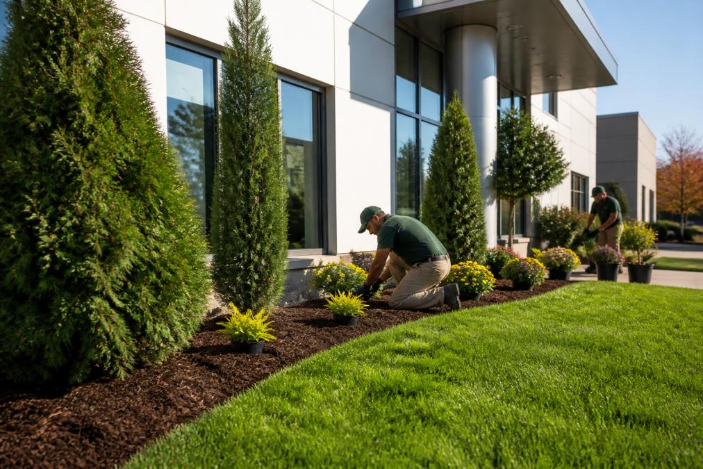 Professional landscaping crew installing mulch and ornamental plants around a modern commercial building entrance with manicured lawn and evergreen shrubs in foreground, morning sunlight