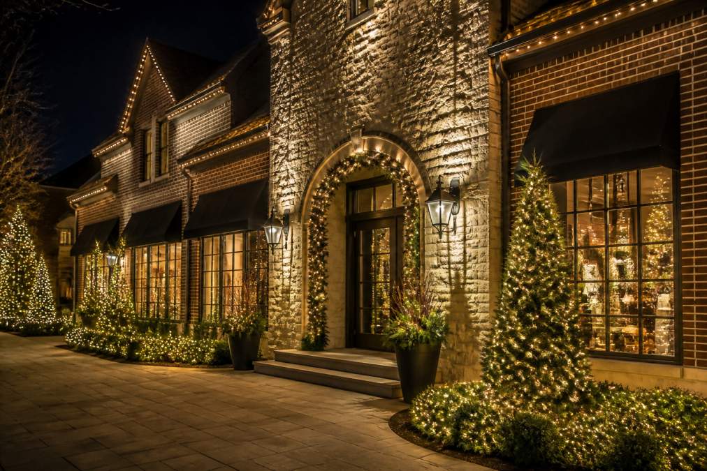 Evening photograph of commercial building facade elegantly illuminated with professional warm-white holiday lighting on architectural features and landscaping, storefront glowing softly with decorative elements