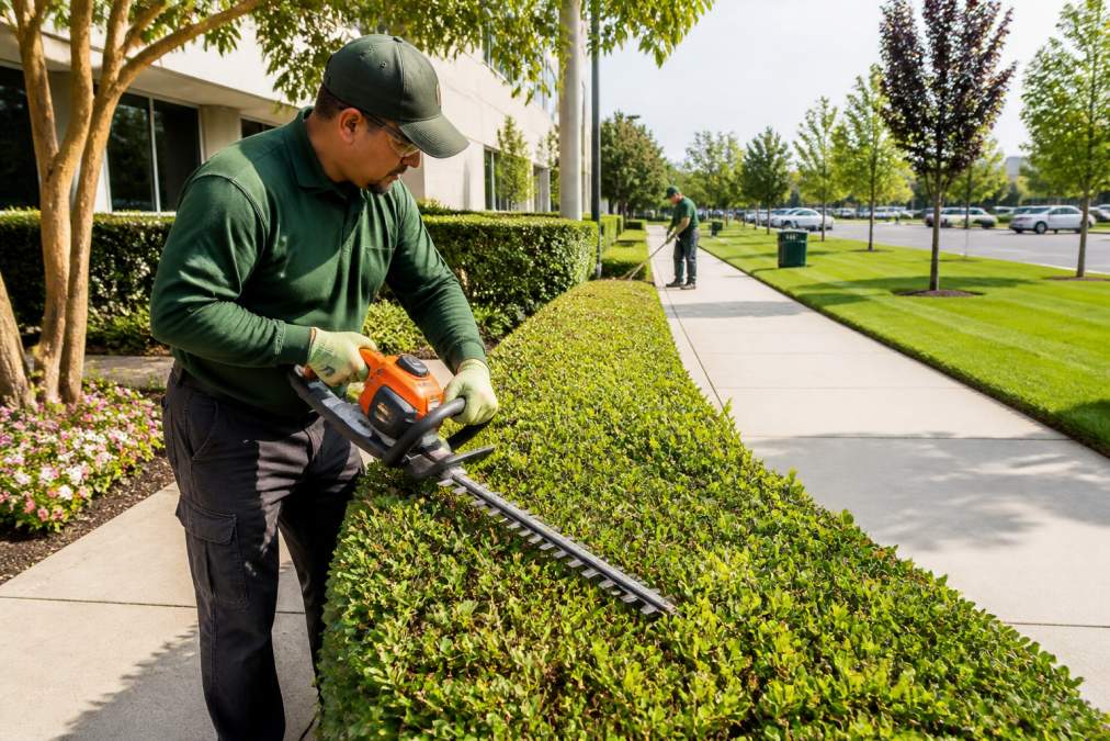 A professional landscaping crew in branded uniforms trimming hedges and edging walkways at a well-maintained suburban commercial office park, with lush green turf and clean concrete paths in morning light