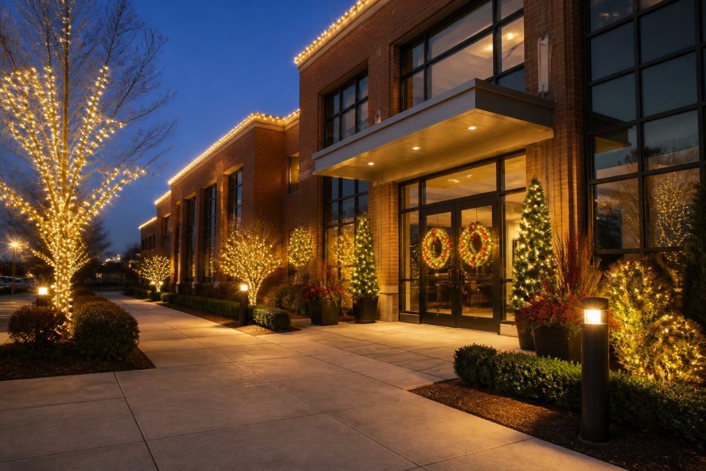A commercial building entrance and facade illuminated with warm white LED holiday lights, glowing wreaths on glass doors, and professionally installed string lights along rooflines at dusk in a professional business park setting