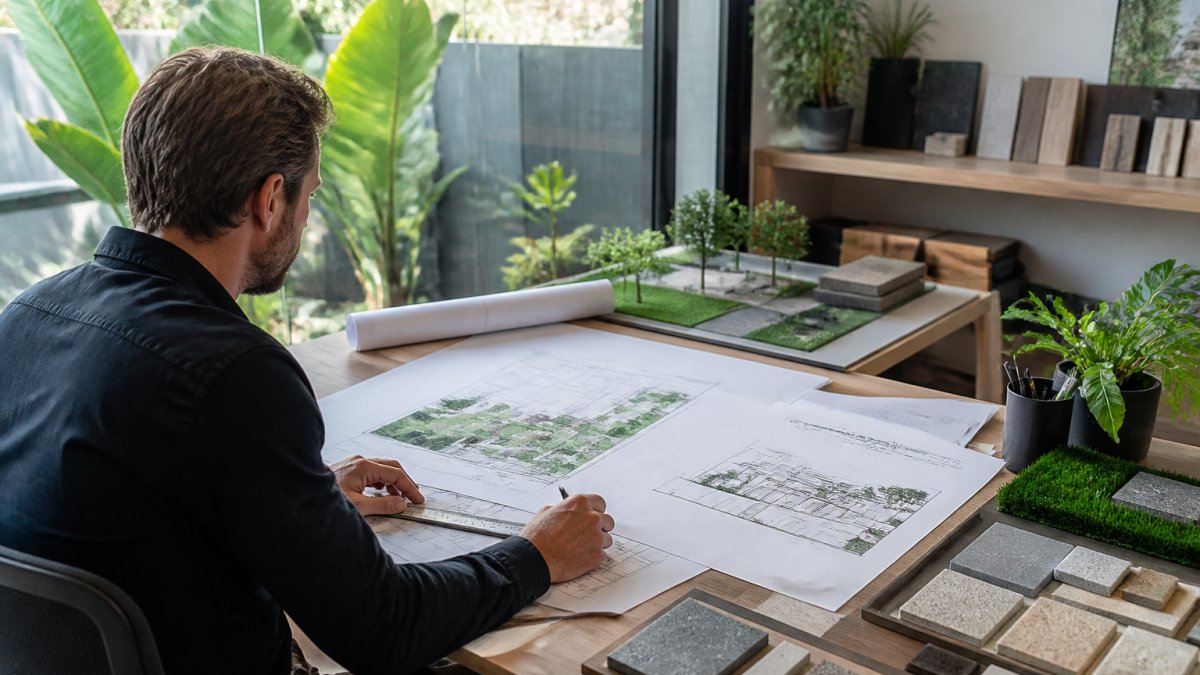 A landscape designer at a desk reviewing a 3D landscape model on a large monitor, printed site plans and material samples spread across the table, natural window light