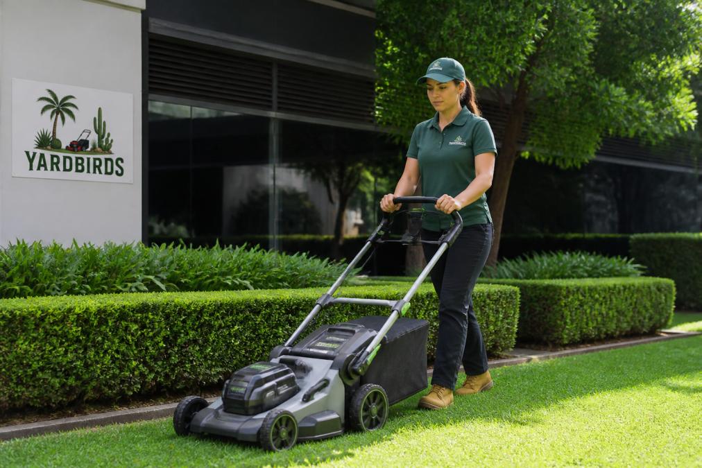 Professional using an electric mower for commercial lawn maintenance on a lush green turf landscape