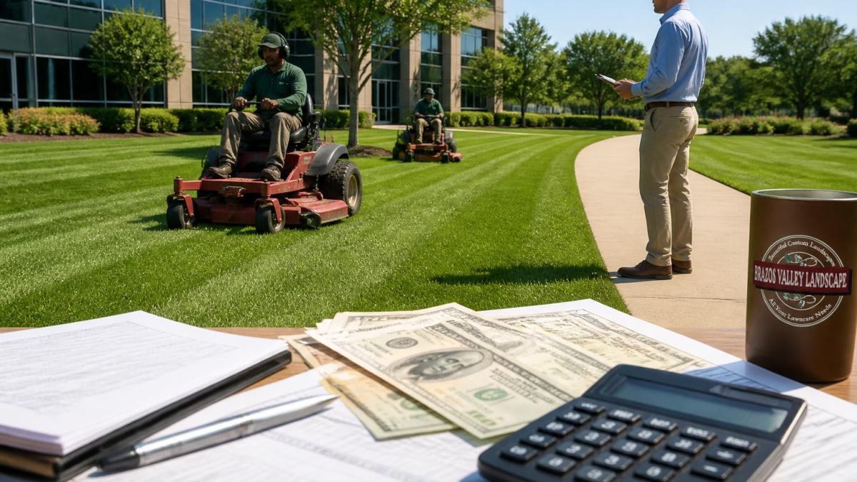 A property manager observing a crew performing commercial lawn maintenance with riding mowers at an office park.