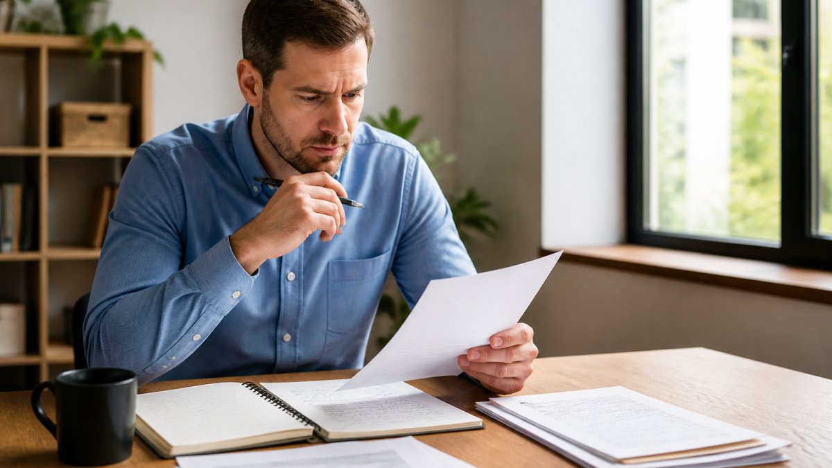 Business owner reviewing commercial lease documents and notes at wooden desk with pen, coffee cup, and notepad, preparing for attorney consultation with natural window lighting