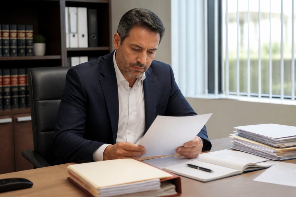 Professional business owner reviewing formal legal notice on desk with organized files and computer, deliberate focused expression