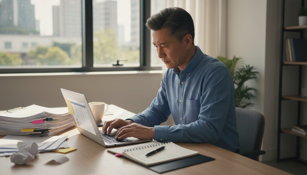 A business owner seated at a modern office desk organizing digital files on a laptop, with printed lease documents, sticky notes, and a notepad visible nearby under warm desk lamp lighting