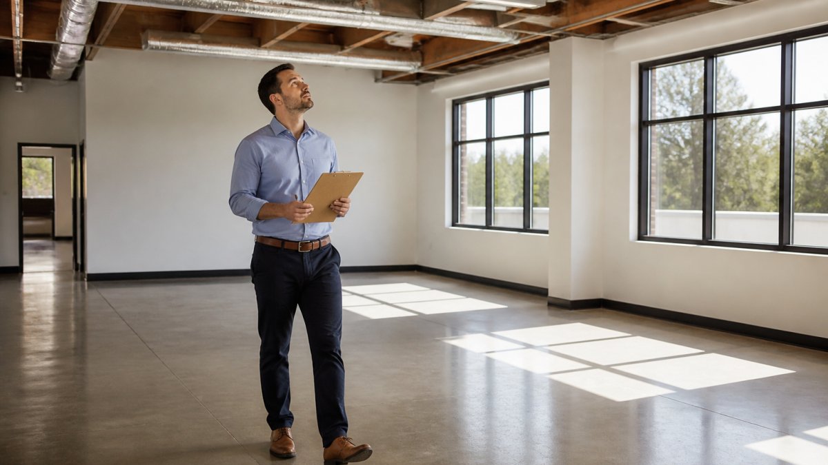 Professional business owner in business casual attire walking through a commercial space, clipboard in hand, inspecting ceiling, walls, and flooring with natural daylight streaming through windows