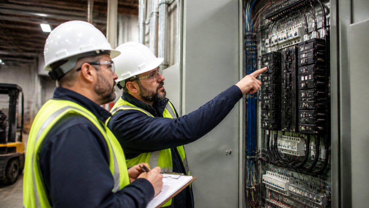Facility manager and licensed electrician inspecting main electrical panel in warehouse with hard hats and safety vests, examining circuit breakers and wiring in industrial setting