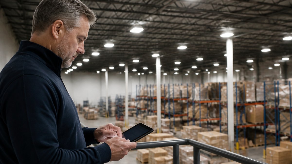 Facility manager reviewing commercial LED lighting financing options on tablet in warehouse with high-bay fixtures visible overhead